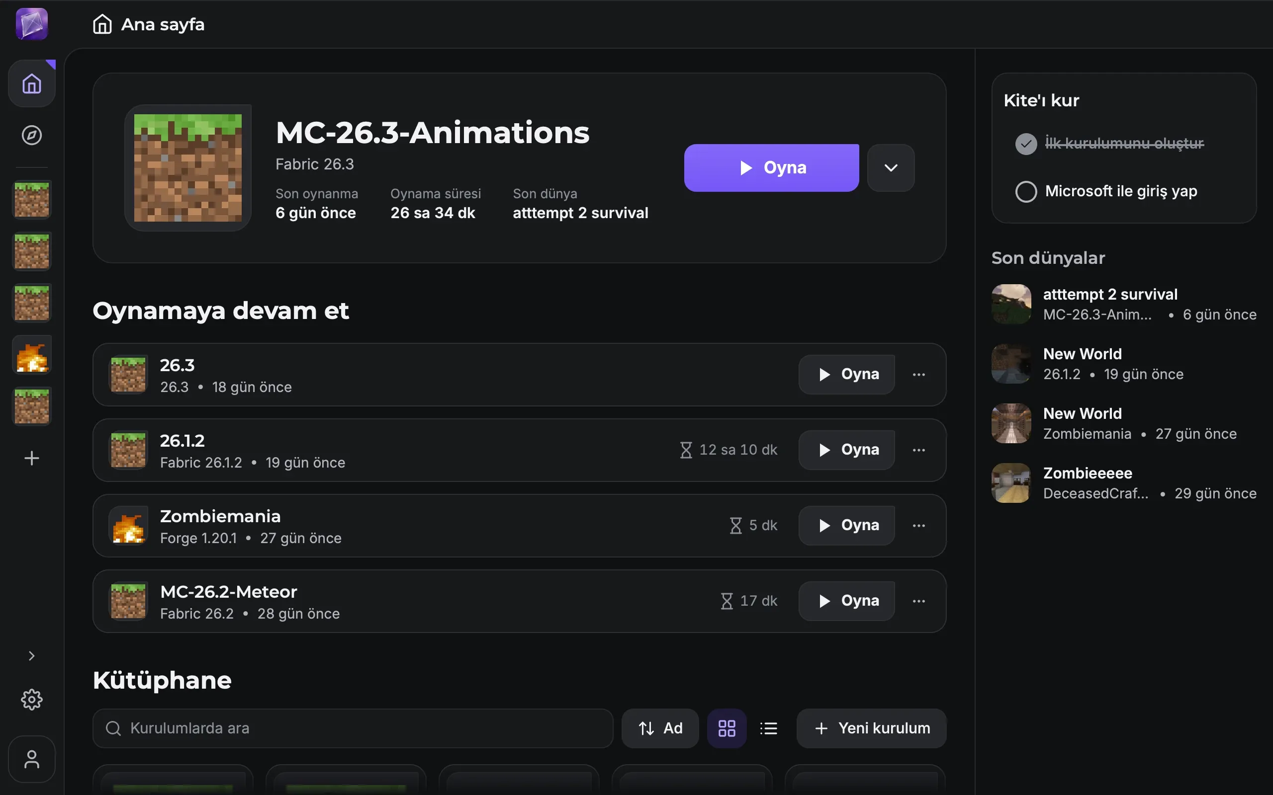 Gerçek kurulumlarla Kite ana sayfası: oynamaya hazır MC-26.3-Animations, Zombiemania ve üç Minecraft sürümüyle “Oynamaya devam et” listesi, sağda son dünyalar.