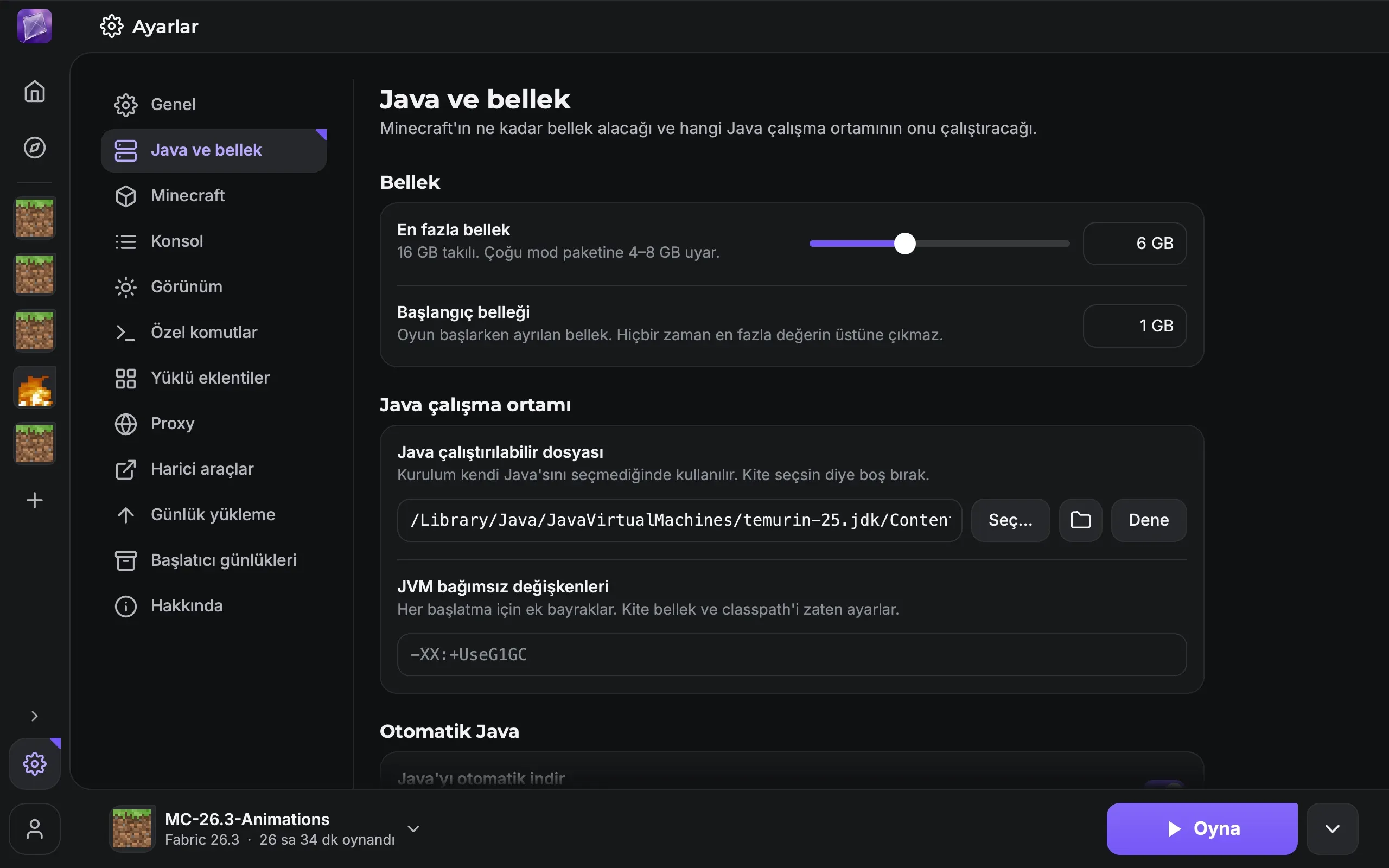 Java ve bellek ayarları: 6 GB’a ayarlı en çok bellek kaydırıcısı, başlangıç belleği alanı ve kullanılan Java.