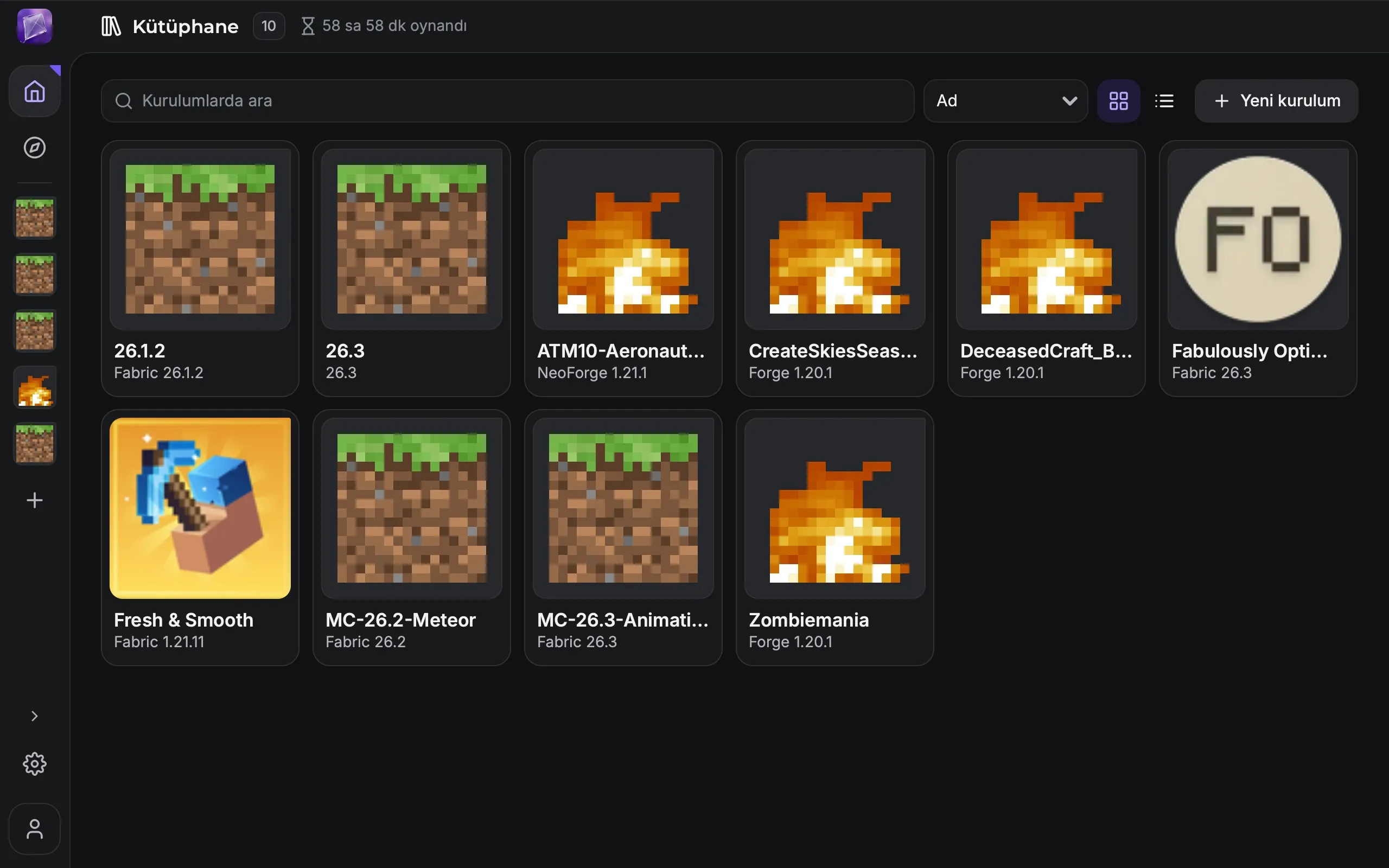 Kite kütüphanesi: ATM10, Create: Skies and Seas, DeceasedCraft, Fabulously Optimized, Fresh & Smooth ve Zombiemania dahil on gerçek kurulum; üstte toplam 58 saat oynama süresi.